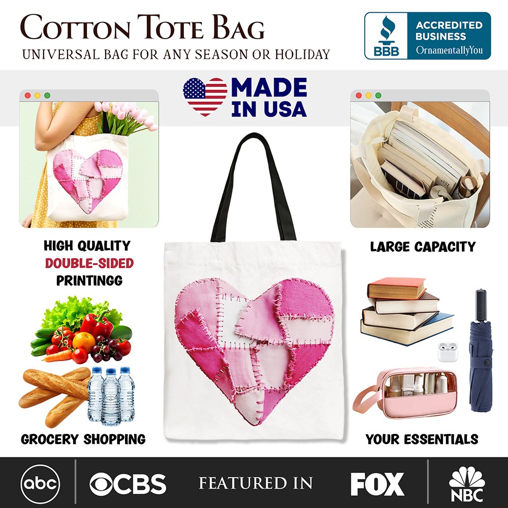 Patchwork Pink Heart Canvas Tote Bag Vintage Coquette Gift