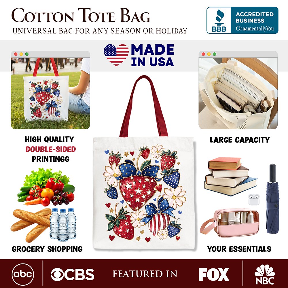Patriotic Strawberry Floral Canvas Tote, Festive Boho Shopper
