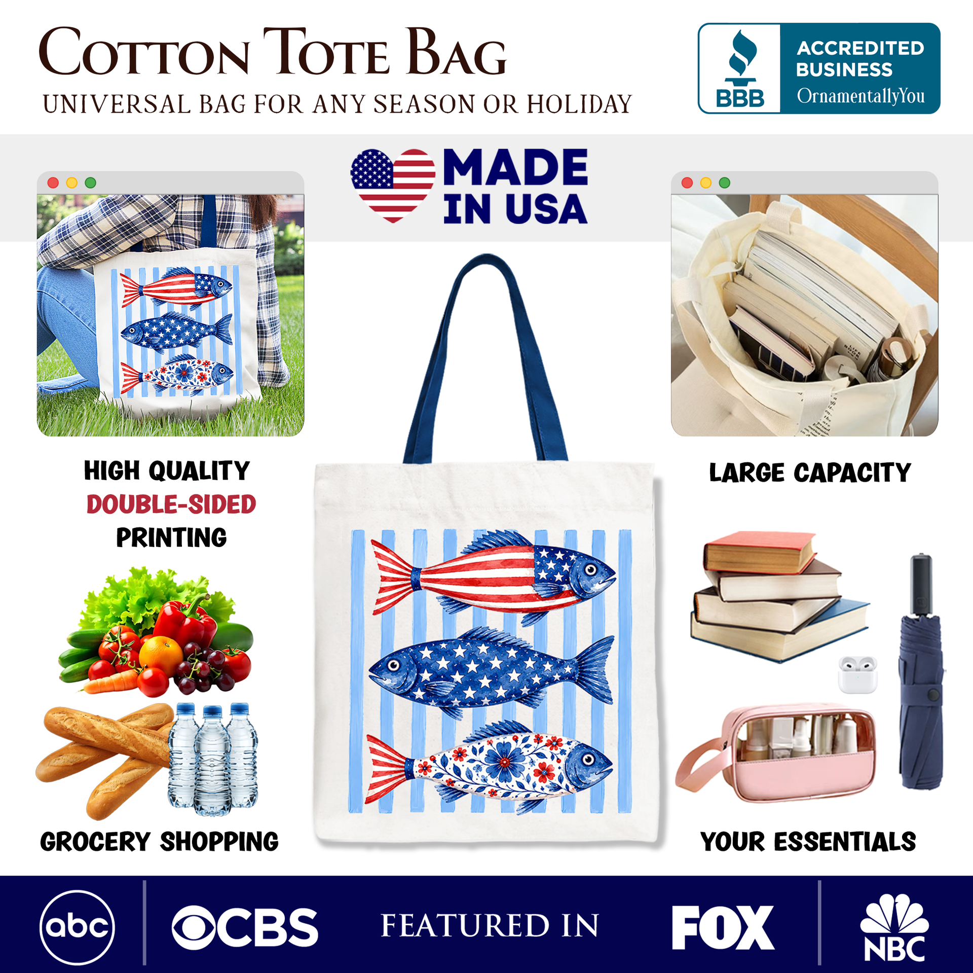Patriotic Fish Striped Tote Bag - 4th of July Beach Shopper