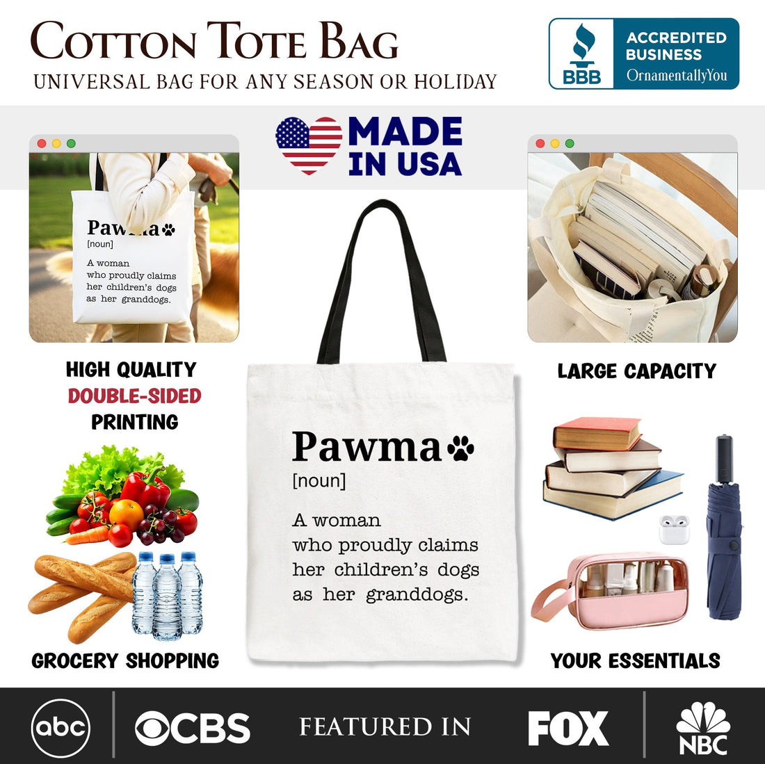 Pawma Definition Canvas Tote Bag, Funny Dog Mom Gift Shopper