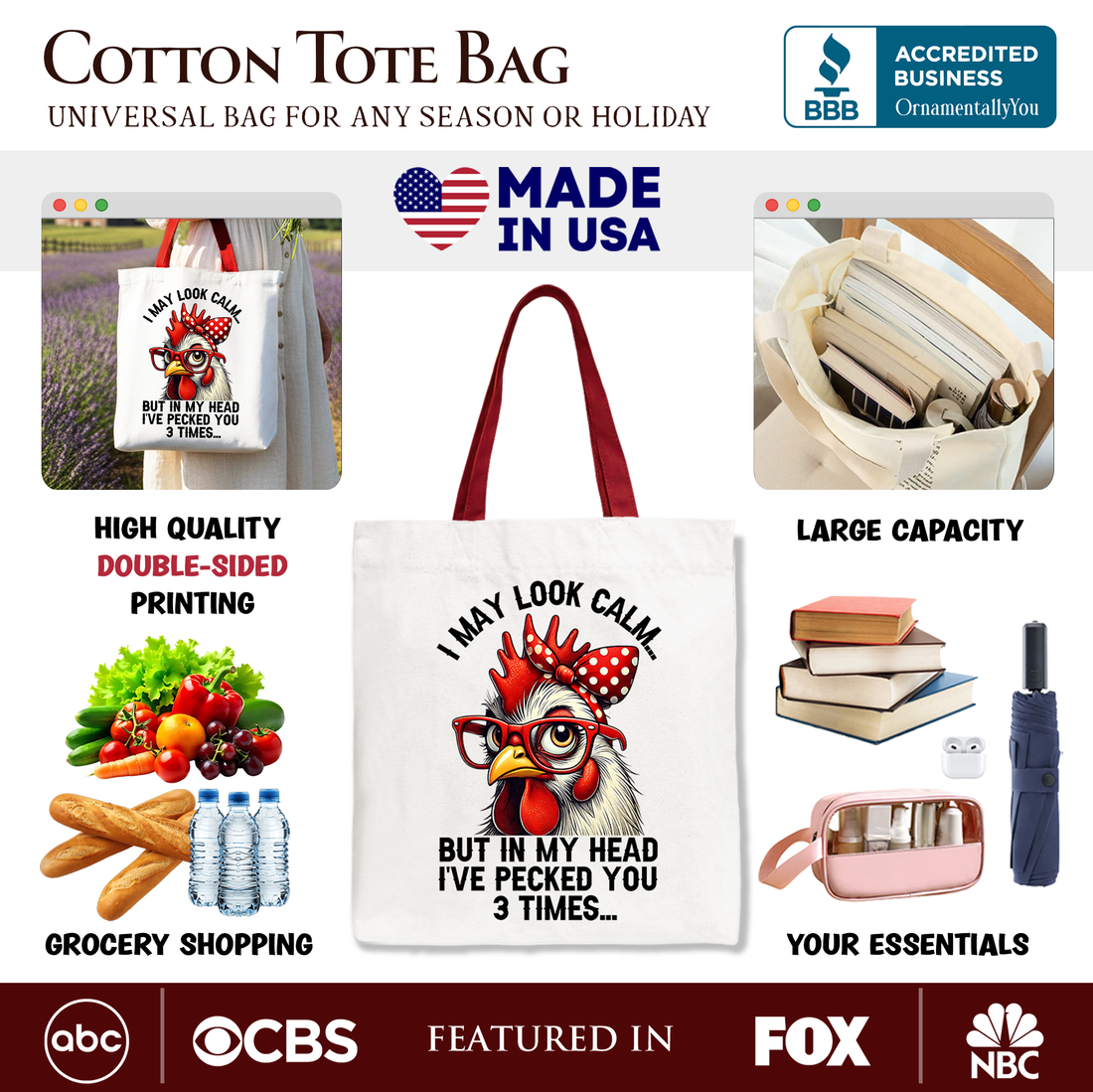 Sassy Chicken Tote Bag with Red Glasses and Bow Graphic