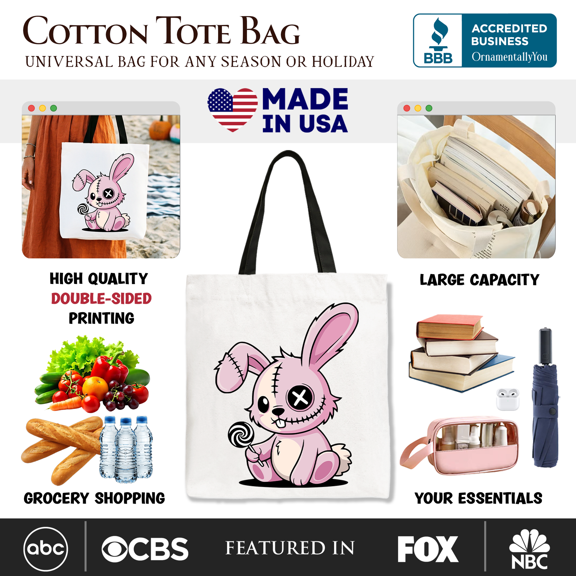 Pink Zombies Bunny Cute Gothic Halloween Shopper Tote Bag