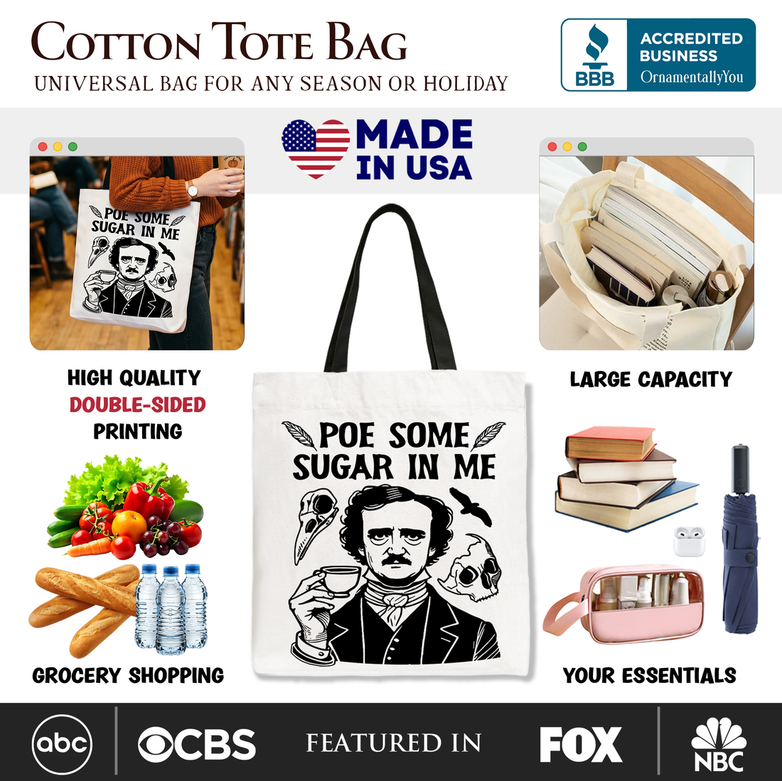 Edgar Allan Poe Tote Bag – Funny Dark Academia Literary Gift