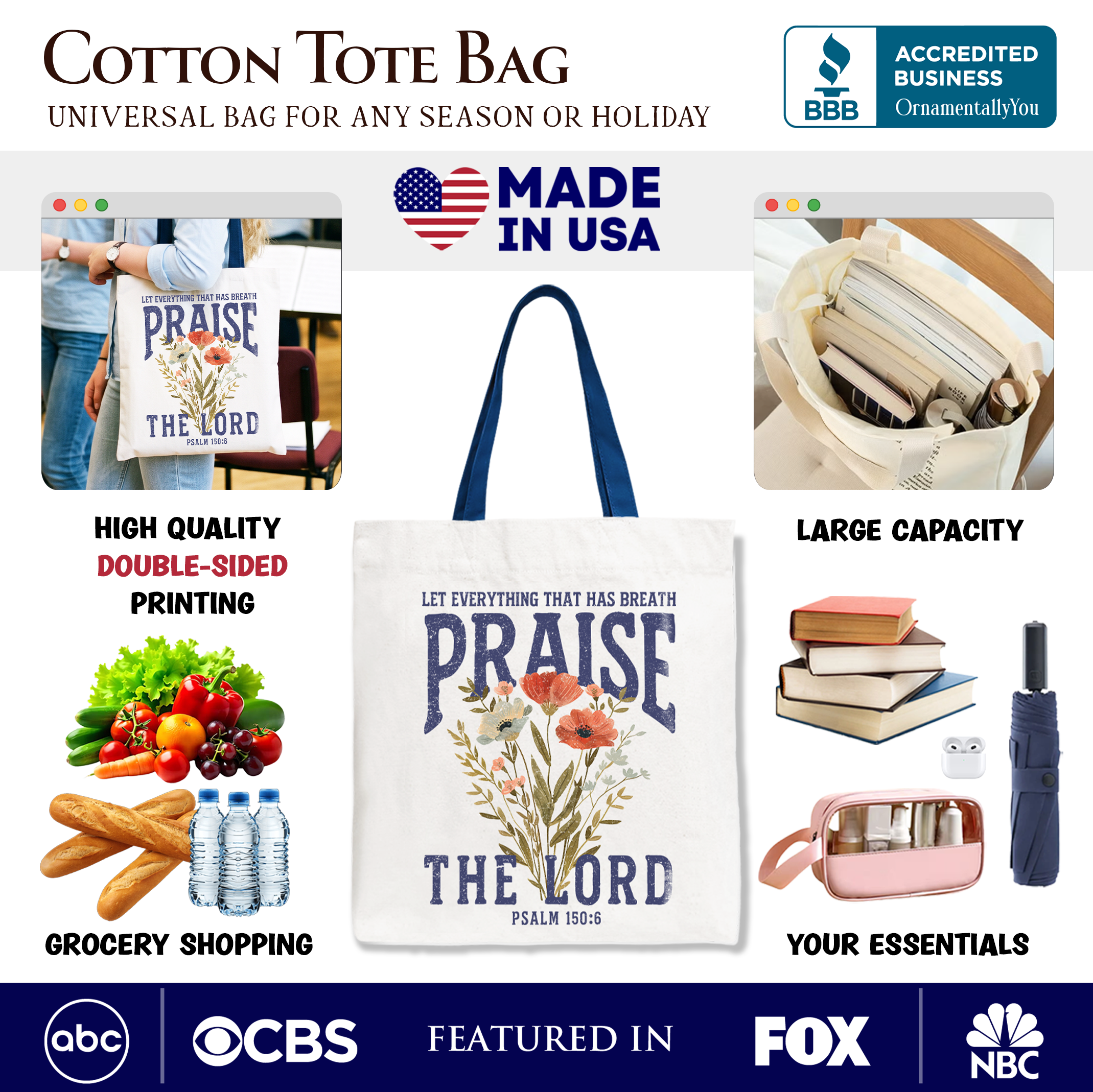 Praise the Lord Floral Christian Tote Bag, Psalm 150:6 Religious Faith Gift Shopper