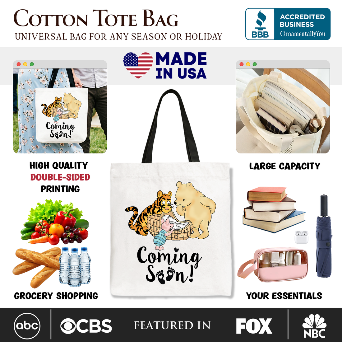 Winnie-the-Pooh Pregnancy Announcement Tote Bag, Baby Reveal Gift
