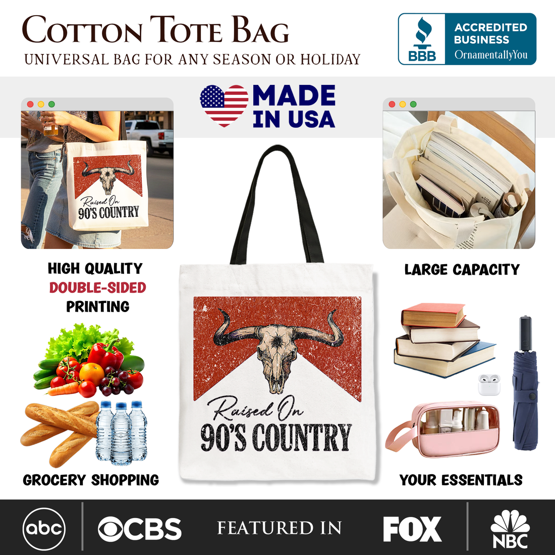 Raised On 90s Country Tote Bag, Vintage Bull Skull Shopper