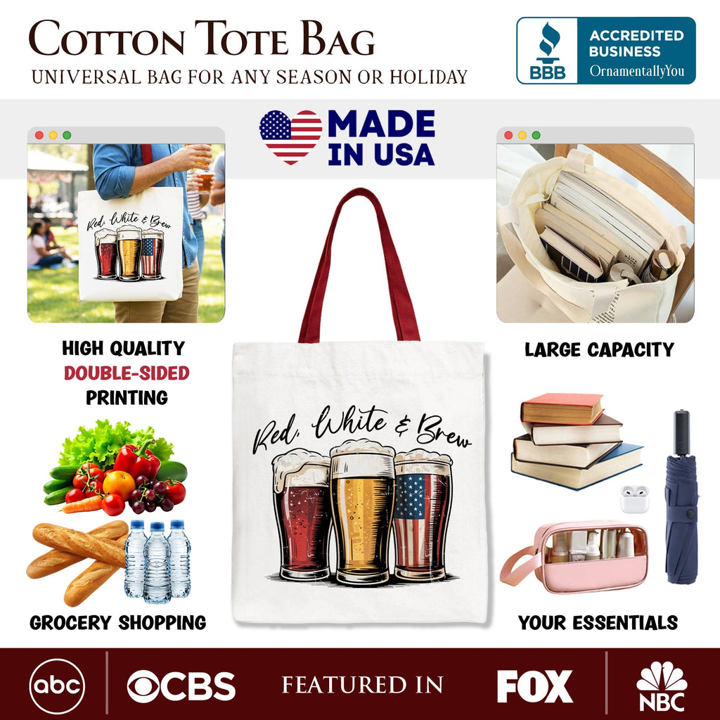 Red White and Brew Patriotic Tote Bag for 4th of July Parties