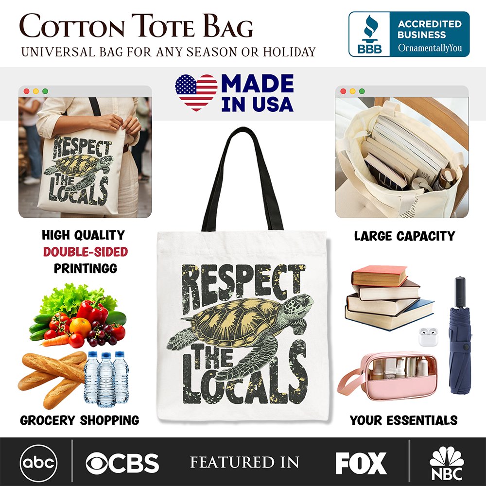 Respect the Locals Sea Turtle Canvas Tote Bag, Coastal Beach Tote