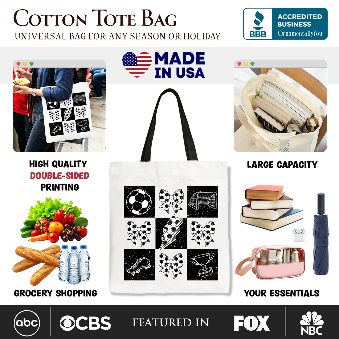 Retro Checkered Soccer Tote Bag, Coquette Bow Game Day Shopper