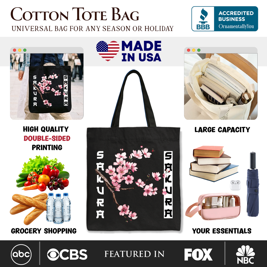 Sakura Cherry Blossom Tote Bag, Vintage Japanese Floral Shopper