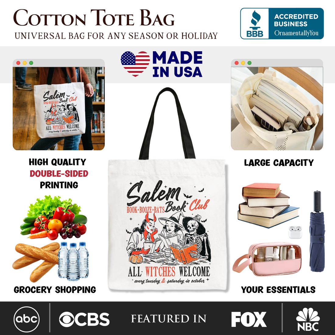 Salem Book Club Halloween Tote Bag - Vintage Style Reading Shopper
