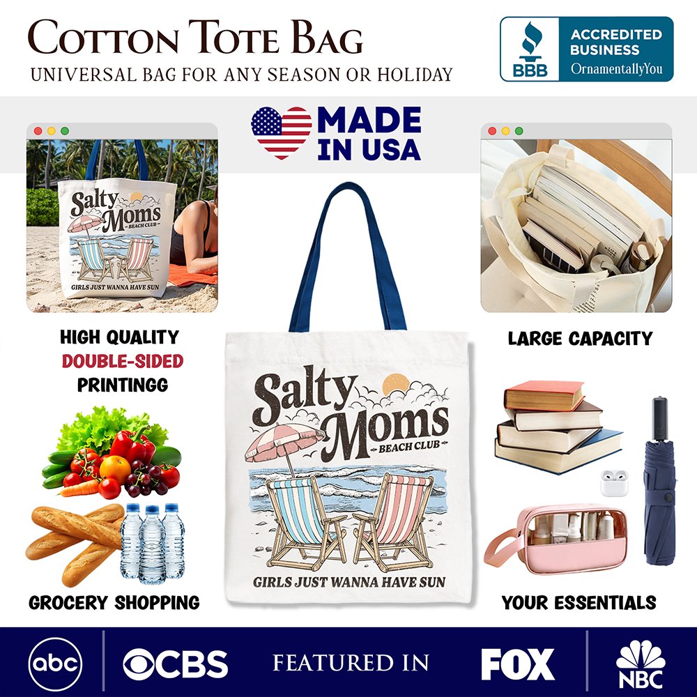 Salty Moms Beach Club Canvas Tote Bag, Retro Summer Shopper