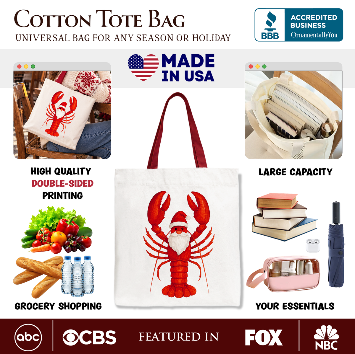 Santa Claws Lobster Tote Bag, Funny Pun Coastal Christmas Holiday Gift Shopper