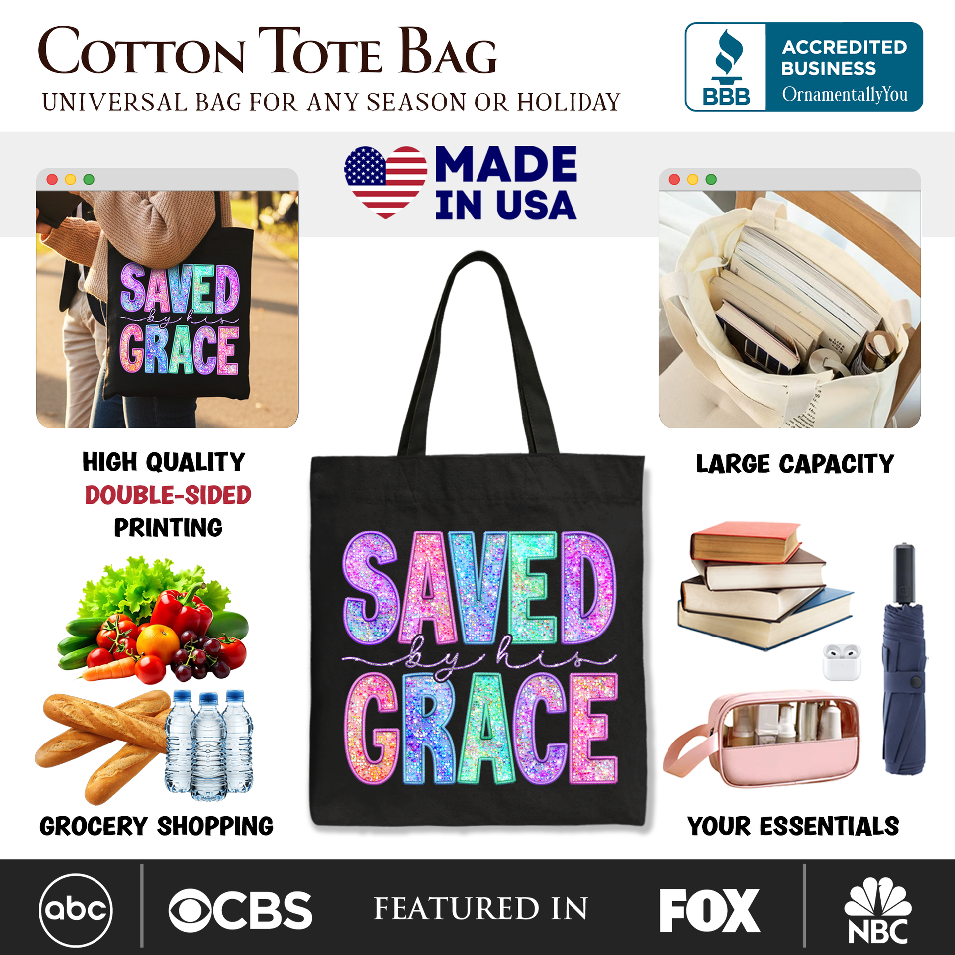 Saved By His Grace Faux Sequin Christian Tote Bag - Religious Gift