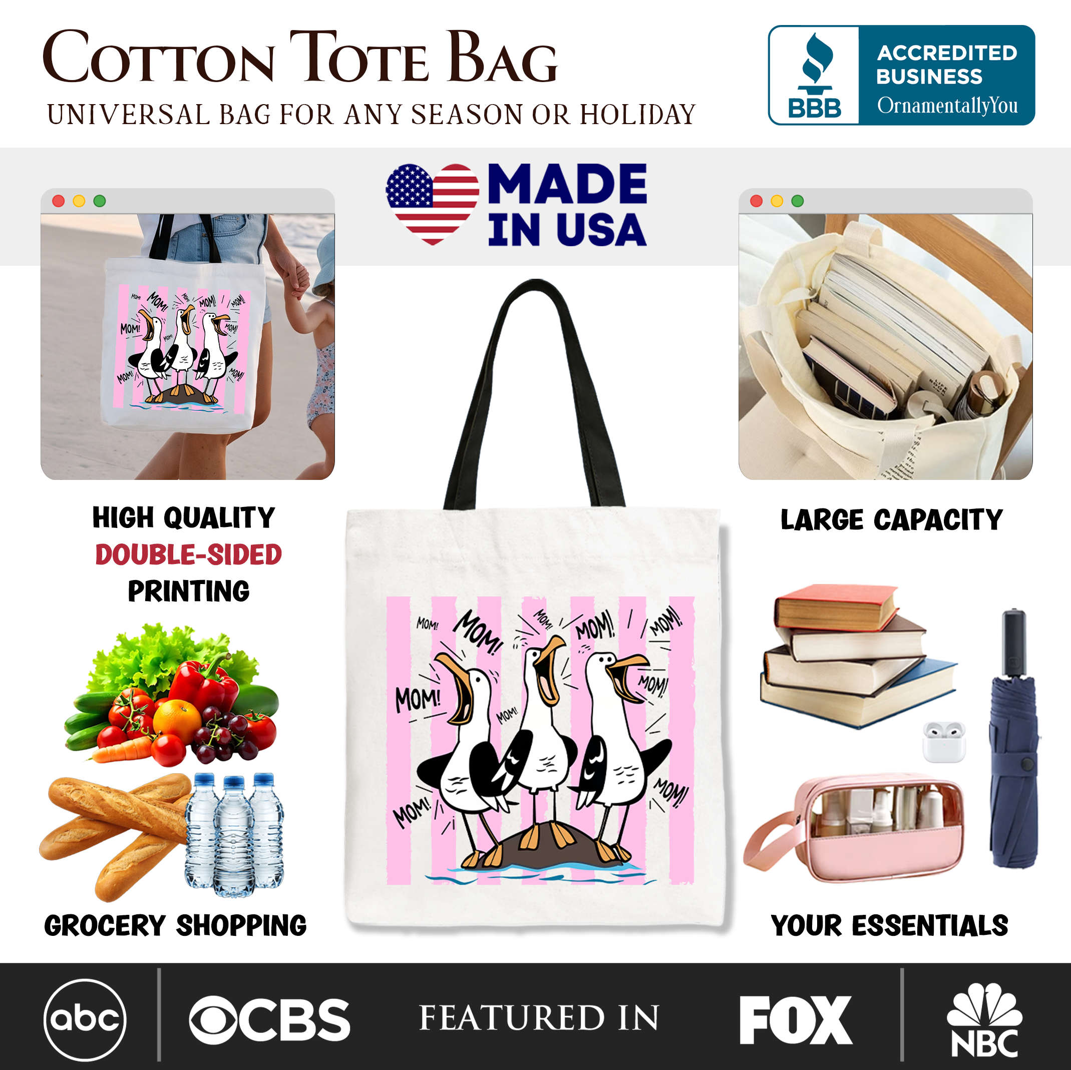 Seagull Mom Coquette Graphic Cotton Beach Tote Bag