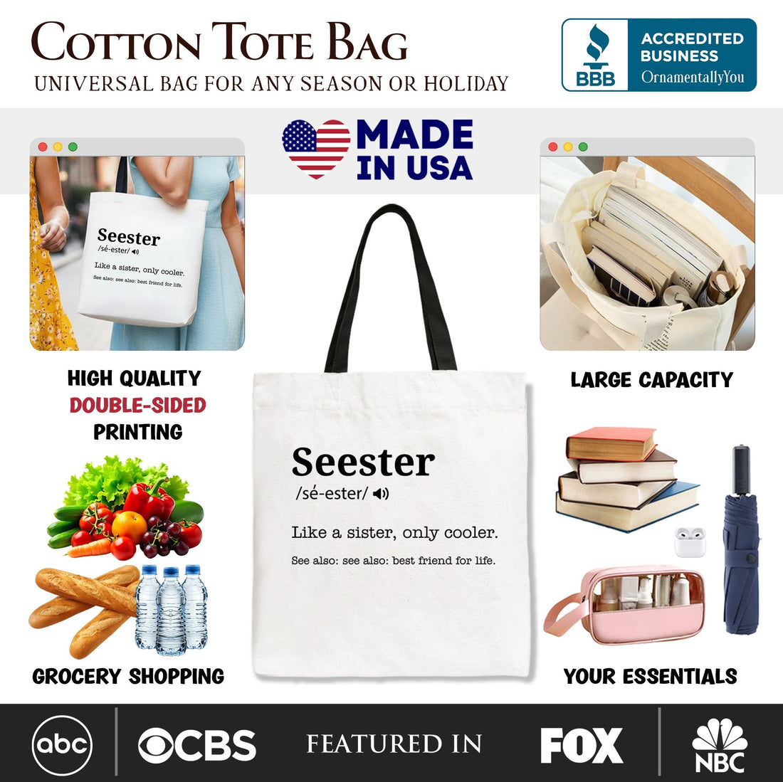 Seester Definition Canvas Tote Bag, Funny Sister Gift Shopper