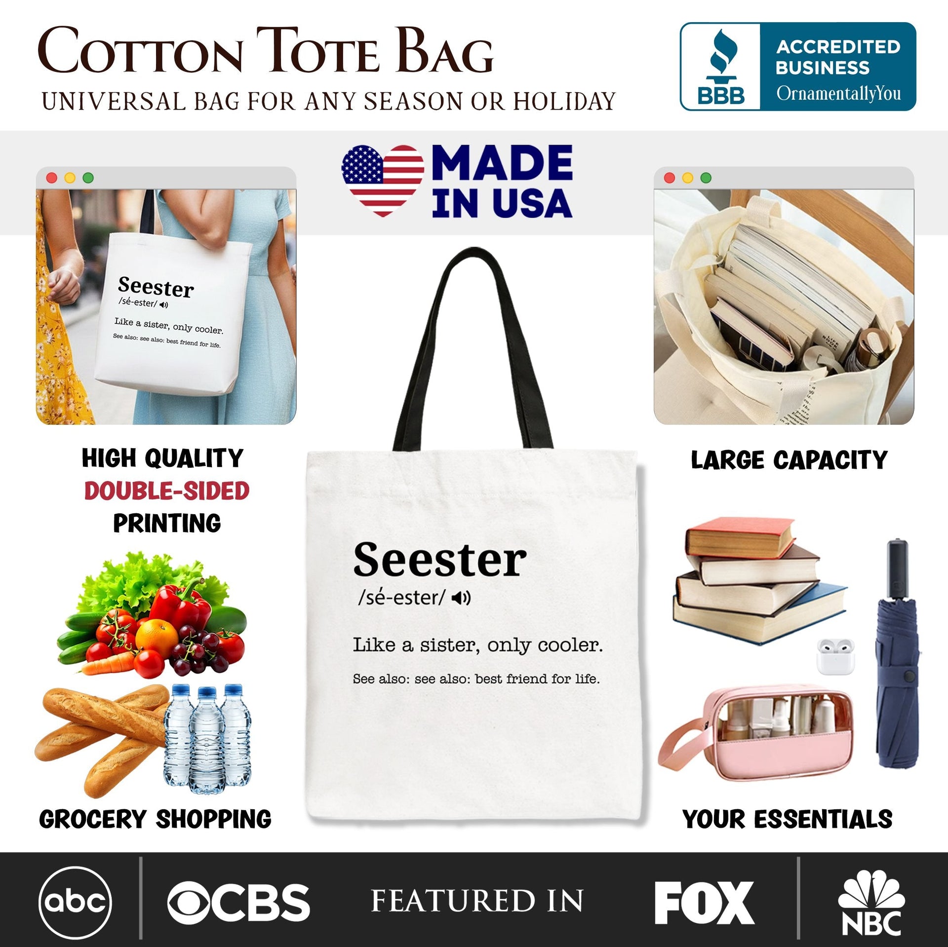 Seester Definition Canvas Tote Bag, Funny Sister Gift Shopper