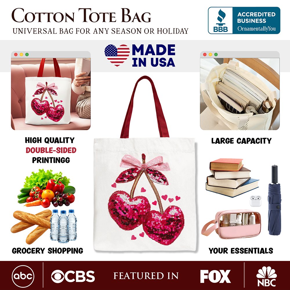Sequin Pink Cherry Heart Canvas Tote Bag Coquette Gift