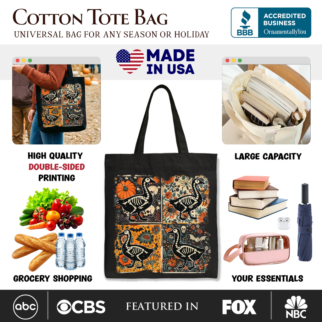 Skeleton Goose Patchwork Floral Tote Bag for Halloween Shopper