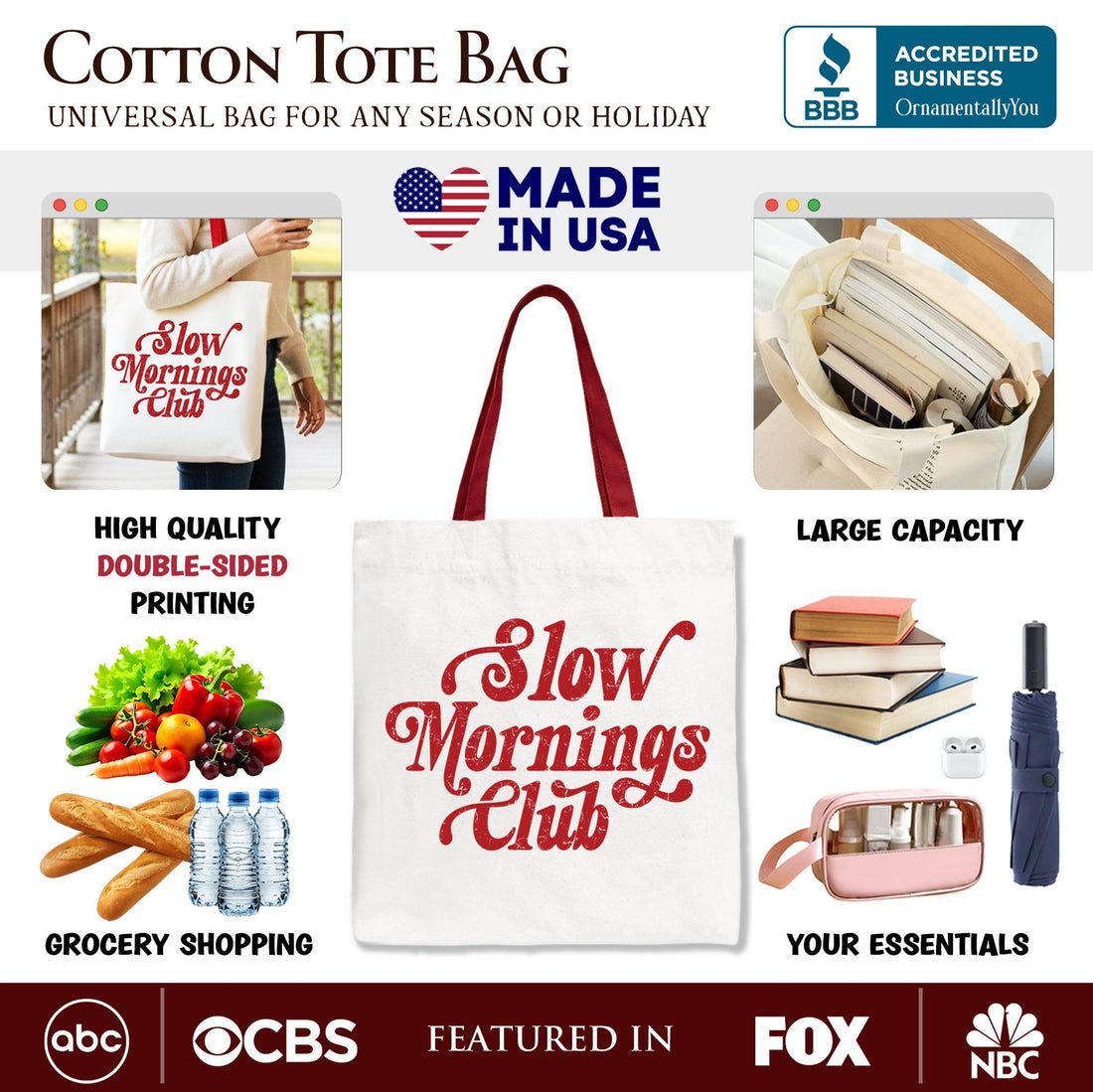 Slow Mornings Club Canvas Tote Bag, Minimalist Vintage Shopper