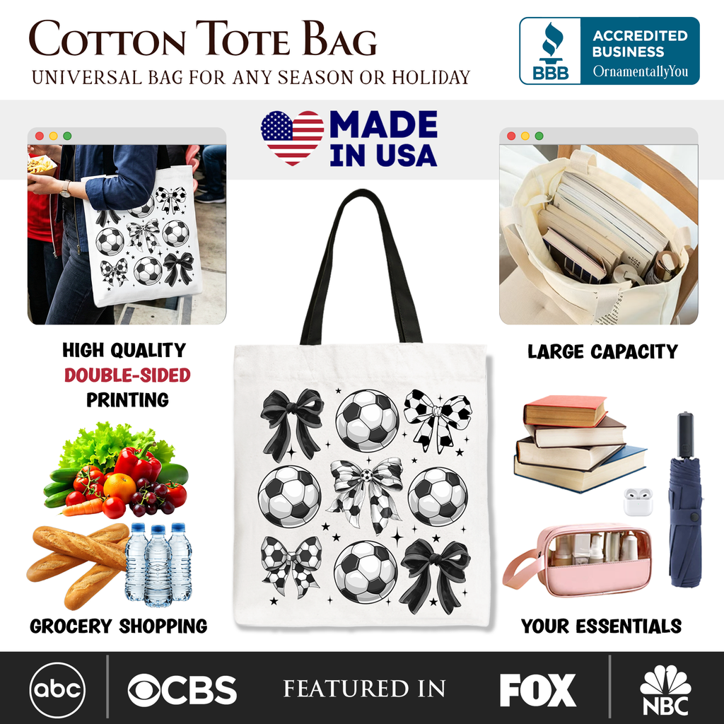 Soccer Mom Tote Bag with Coquette Bows, Sporty Preppy Cotton Shopper