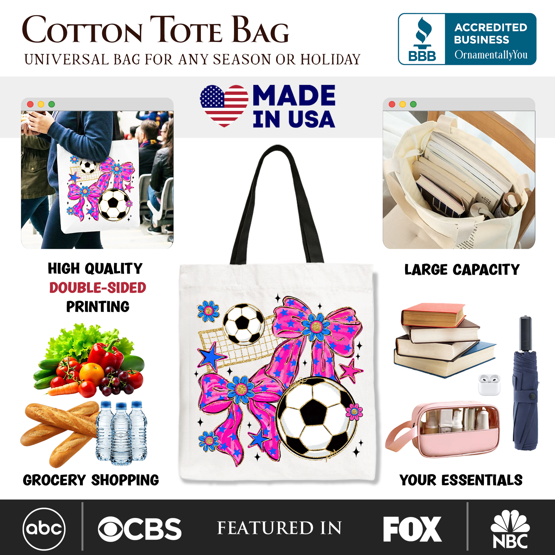 Soccer Coquette Pink Bow Tote Bag, Preppy Game Day Shopper