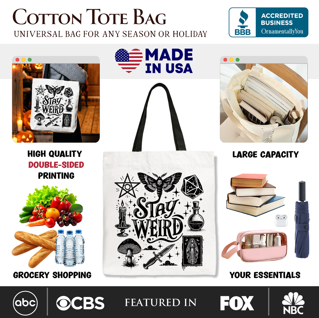 Stay Weird Witchy Vibes Canvas Tote, Mystical Halloween Bag