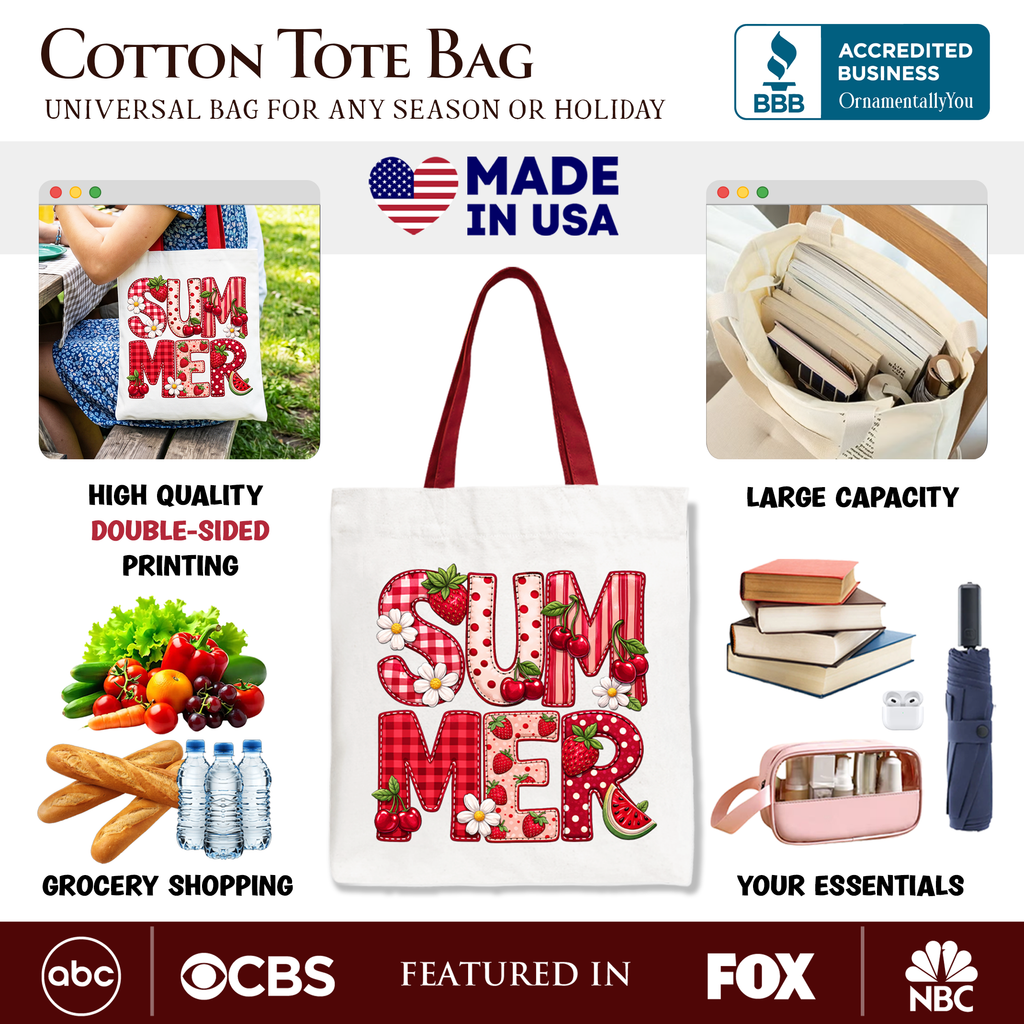 Strawberry Cherry Patchwork Tote Bag – Cute Fruit Summer Shopper