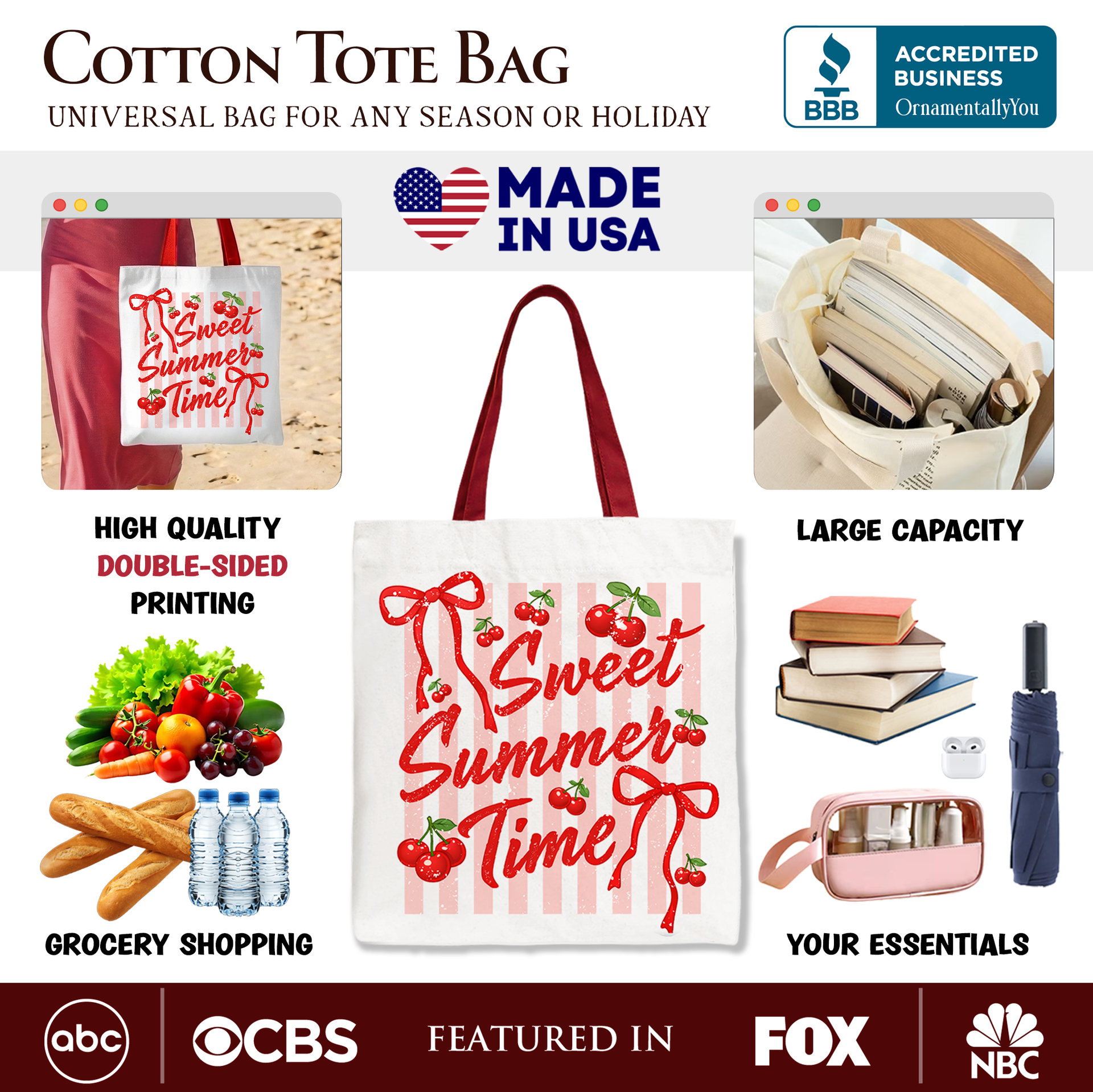 Striped Cherry Coquette Tote Bag - Sweet Summer Canvas Shopper