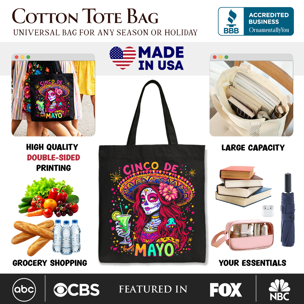 Sugar Skull Girl Cinco De Mayo Tote Bag, Festive Mexican Art Shopper