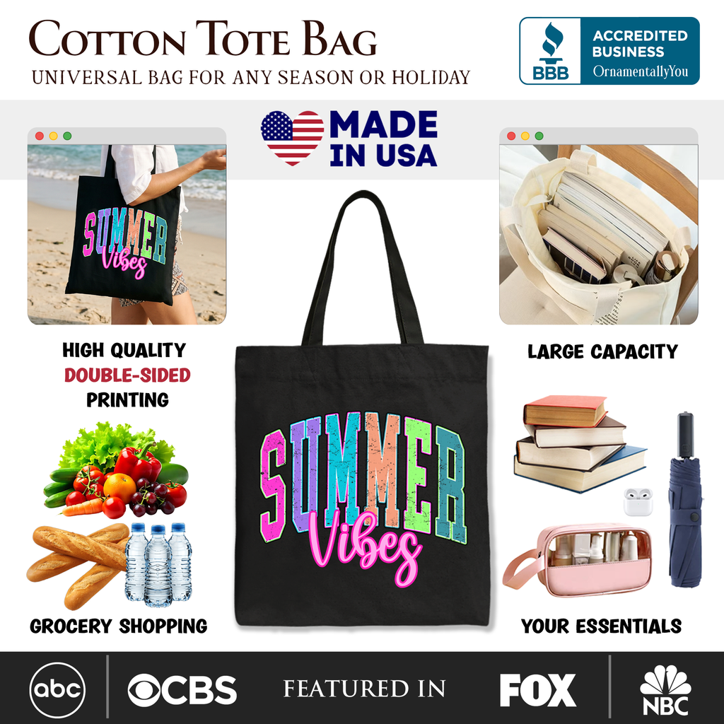Summer Vibes Neon Varsity Tote Bag - Retro Beach Shopper