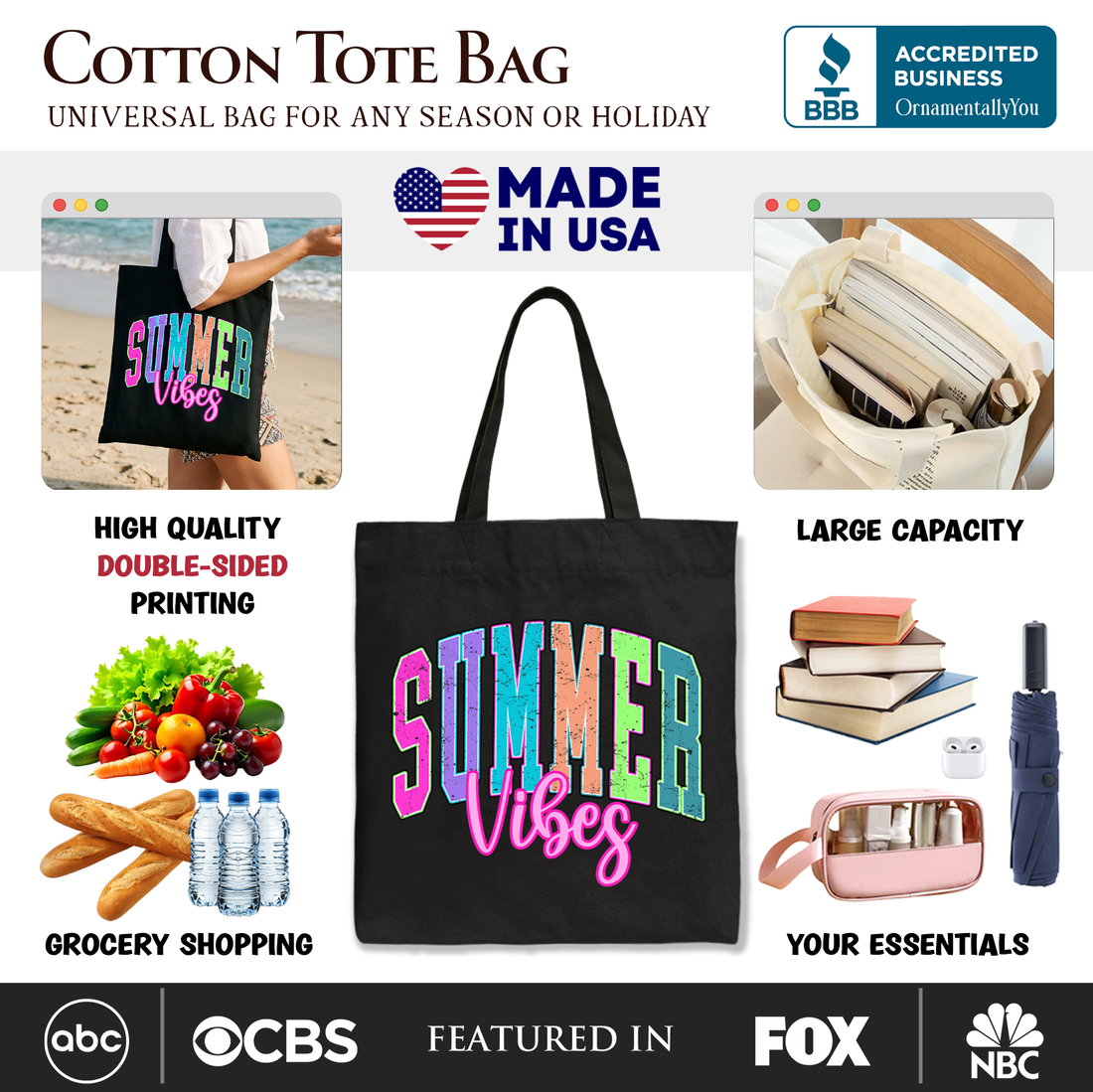 Summer Vibes Neon Varsity Tote Bag - Retro Beach Shopper