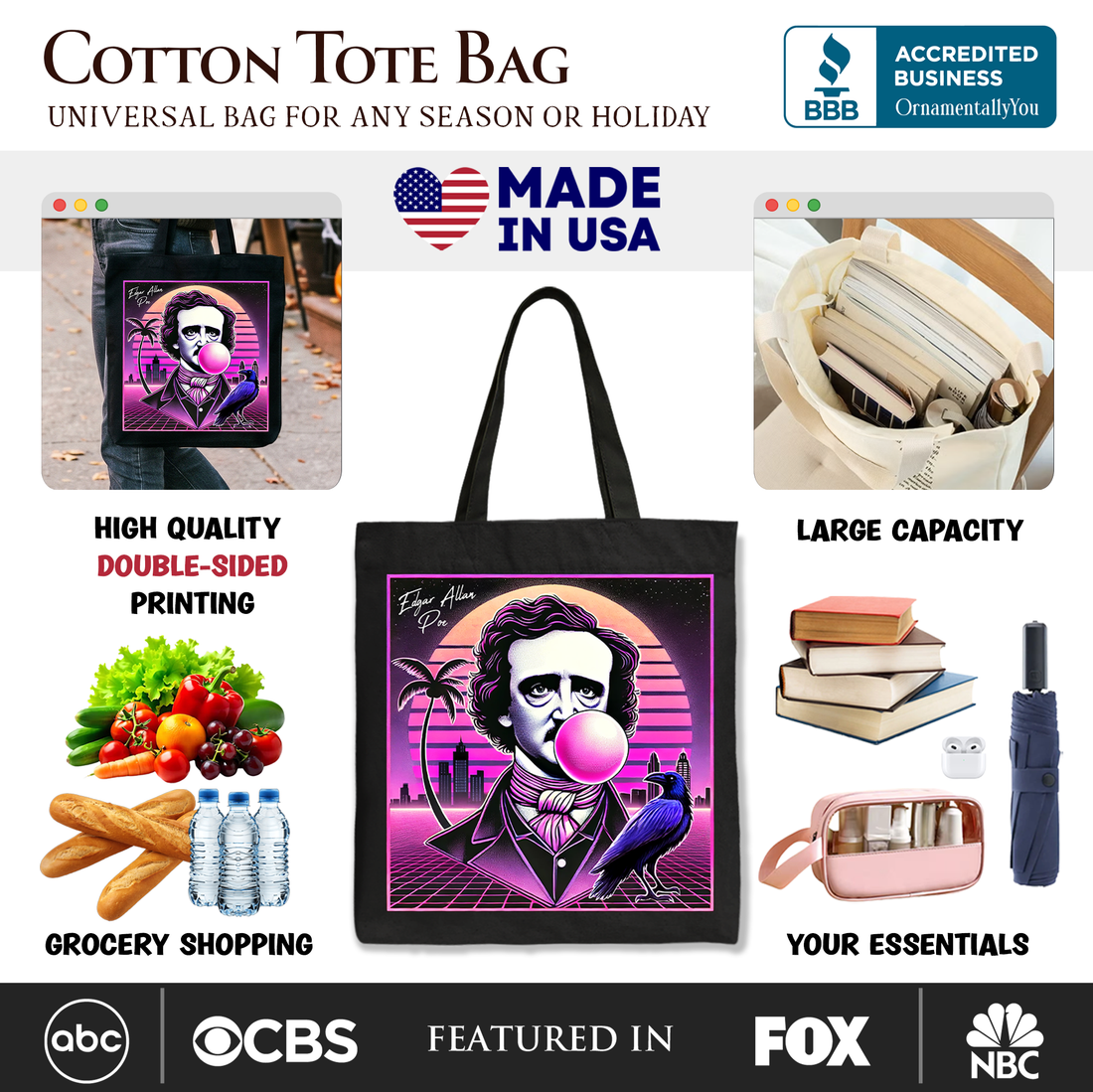 Edgar Allan Poe Synthwave Horror Tote Bag Retro Neon Aesthetic