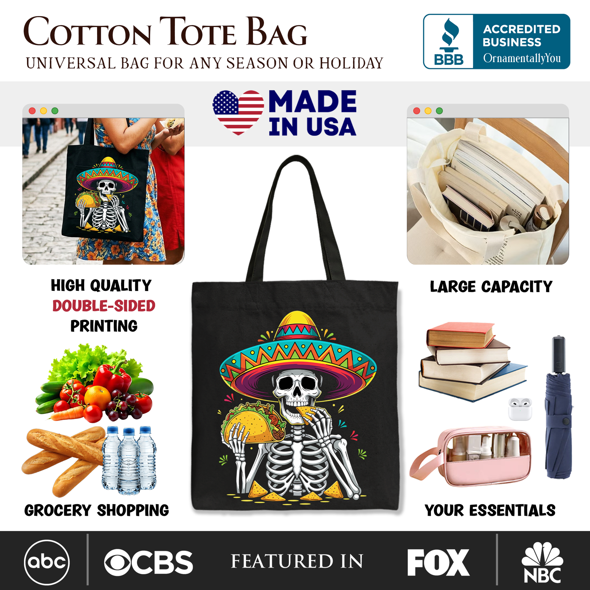 Taco Skeleton Cinco De Mayo Tote Bag, Funny Mexican Skull Shopper