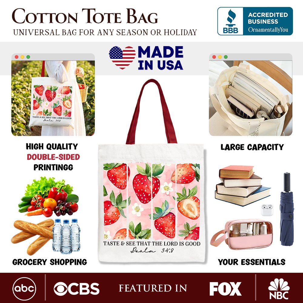 Taste and See Christian Faith Canvas Tote - Pink Strawberry Shopper