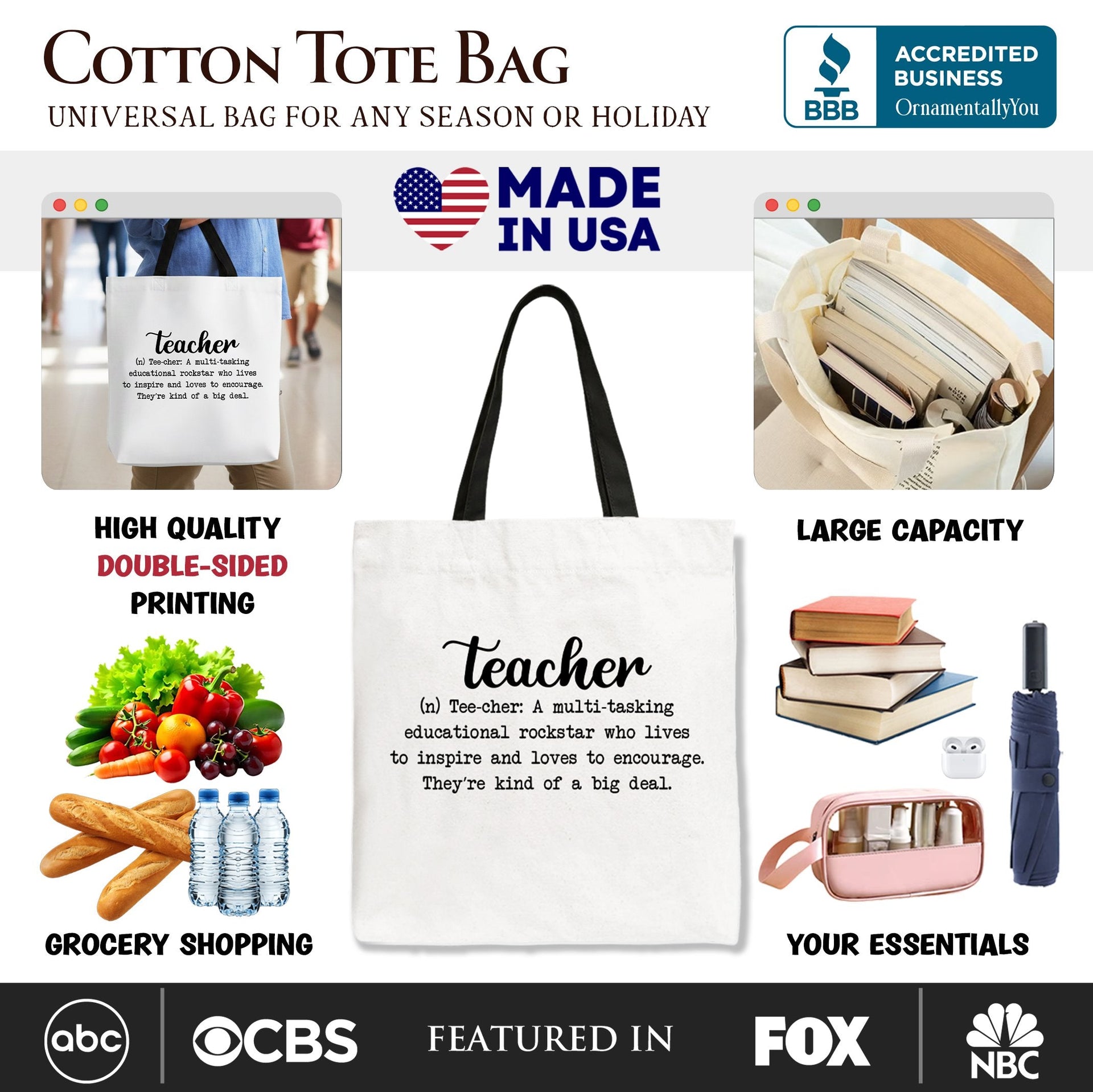 Teacher Definition Canvas Tote Bag, Inspirational Educator Gift