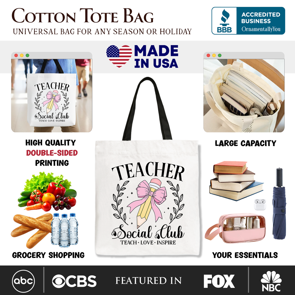 Teacher Social Club Cotton Tote Bag, Modern Preppy School Shopper