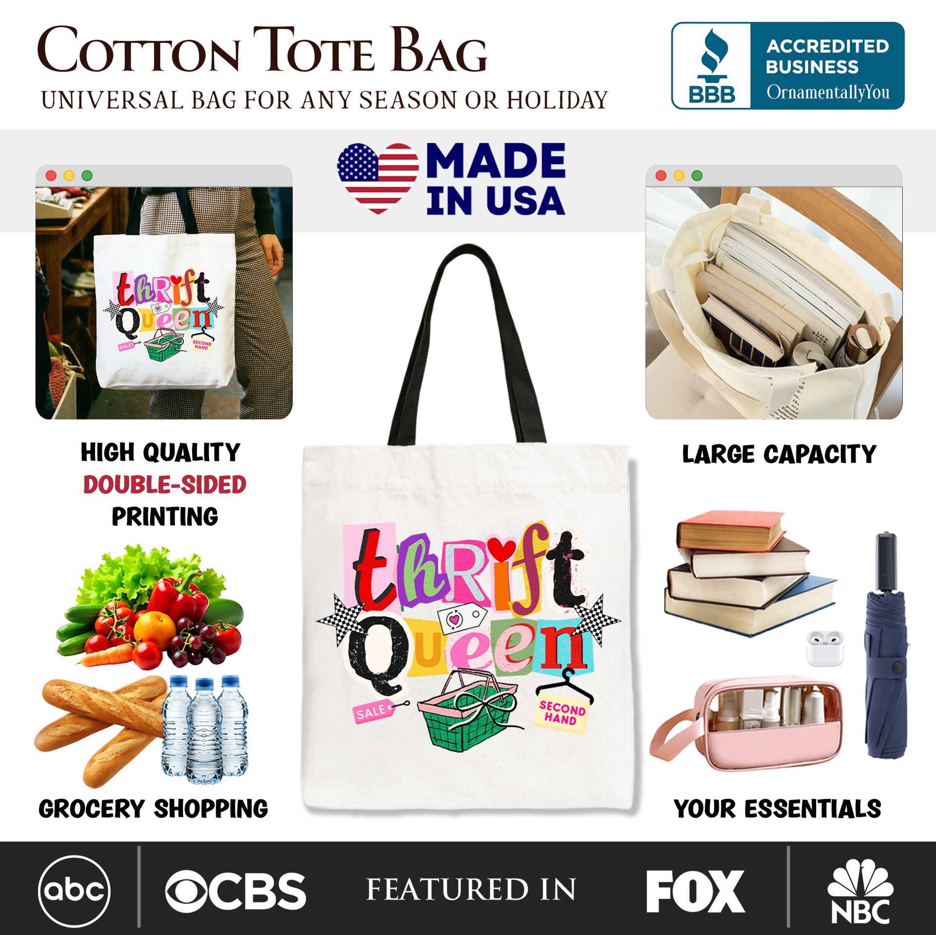 Thrift Queen Tote Bag Retro Colorful Second Hand Cotton Shopper