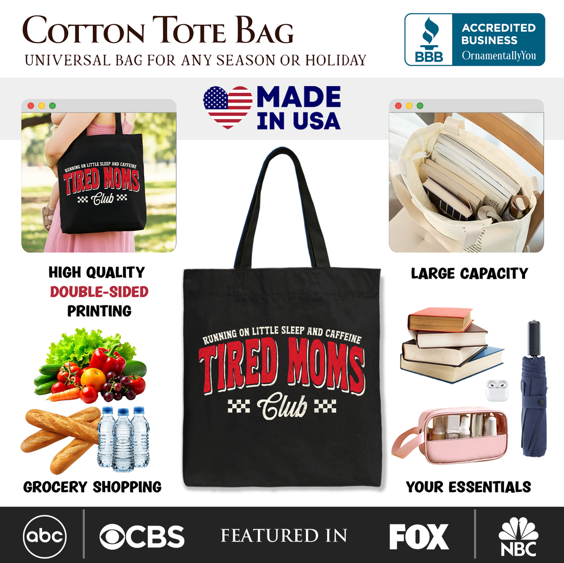 Tired Moms Club Tote Bag, Funny Sarcastic Motherhood Cotton Shopper
