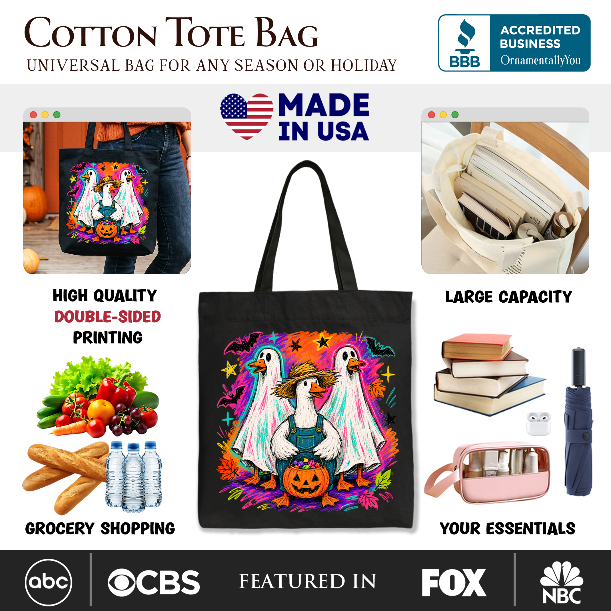 Trick or Treat Geese Tote Bag, Colorful Halloween Ghost Costume Gift Shopper
