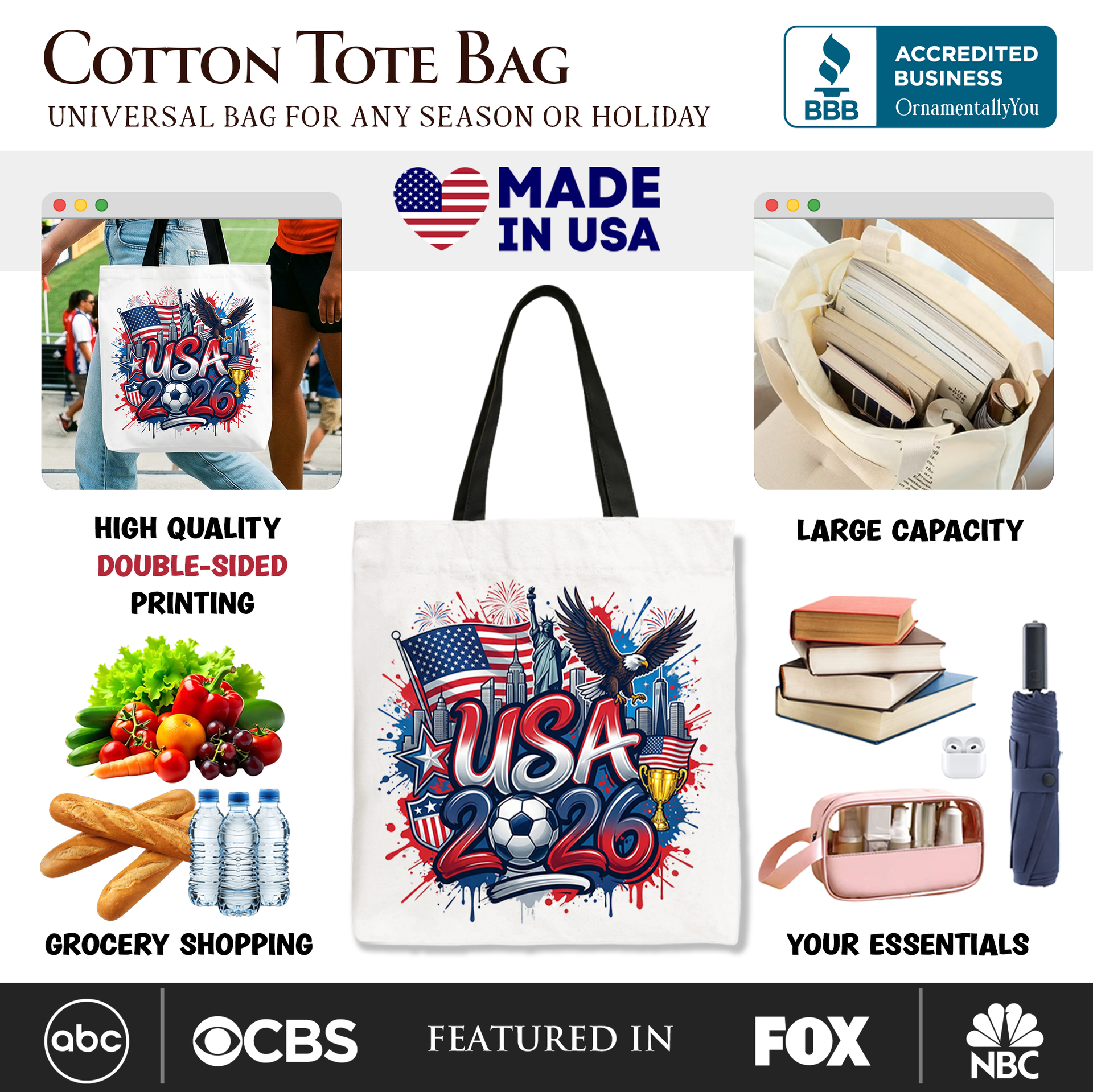 USA 2026 Soccer Global Championship Fan Tote Bag Shopper