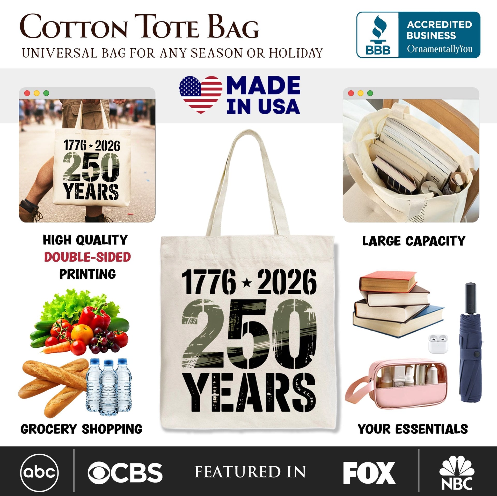 USA 250 Years Anniversary Tote Bag 1776-2026 Patriotic Shopper