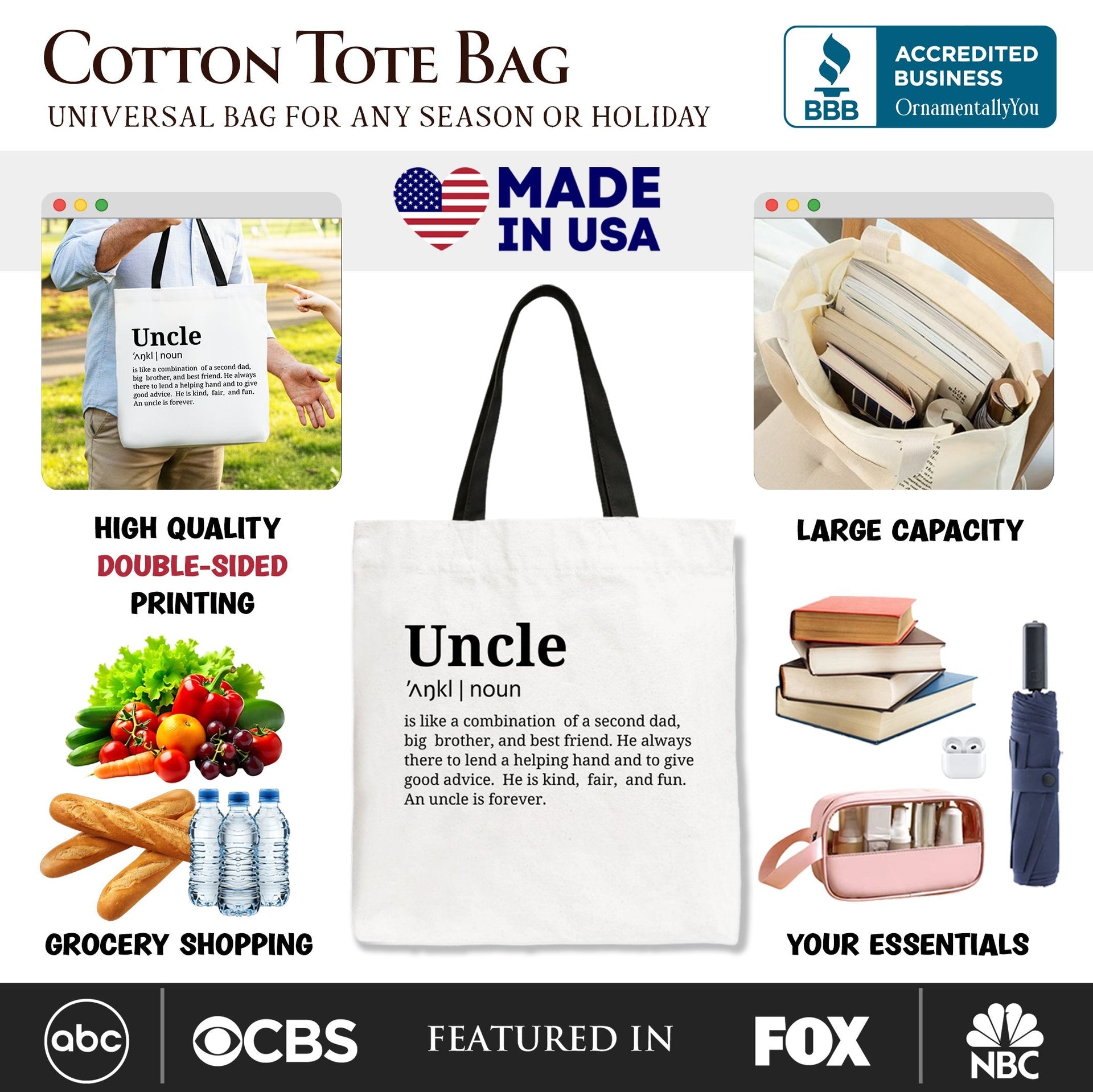 Uncle Definition Canvas Tote Bag Funny Family Shopper Gift