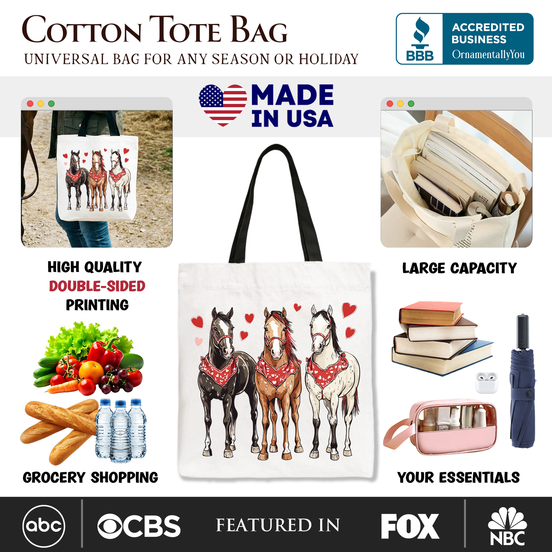 Valentine Horses Western Tote Bag, Country Lover Cotton Shopper
