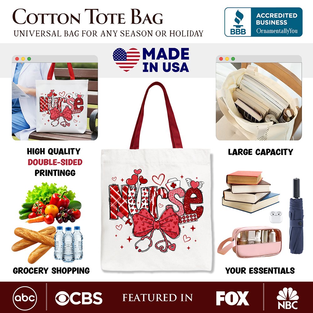 Valentine Nurse Coquette Bow Canvas Tote Bag, Romantic Work Shopper