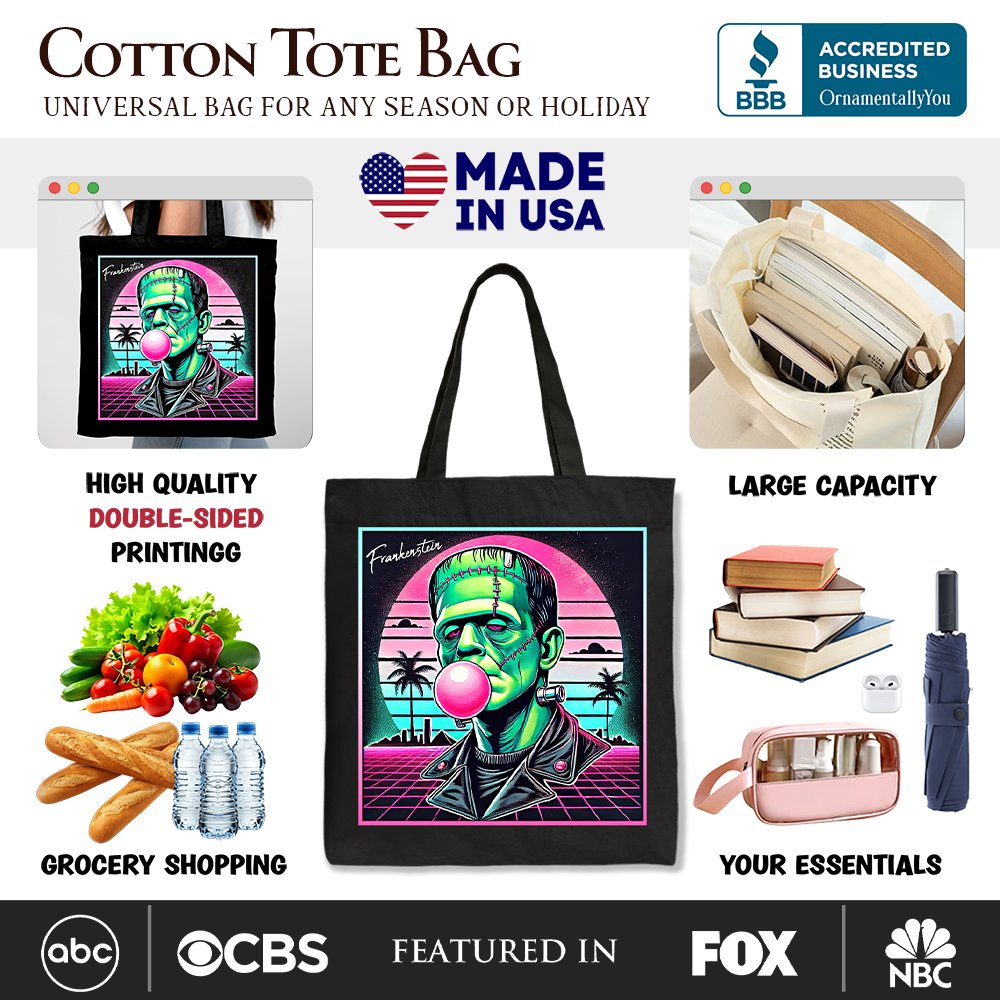 Vaporwave Frankenstein Retro Horror Canvas Tote Bag, 80s Style