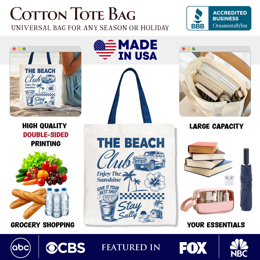 Vintage Coastal Summer Tote Bag, Navy Blue Beach Club Shopper