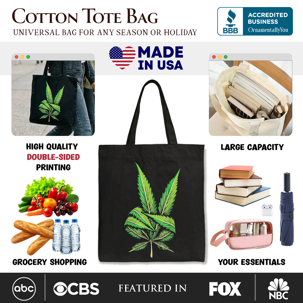 Weed Leaf Peace Sign Tote Bag Funny 420 Stoner Canvas Shopper