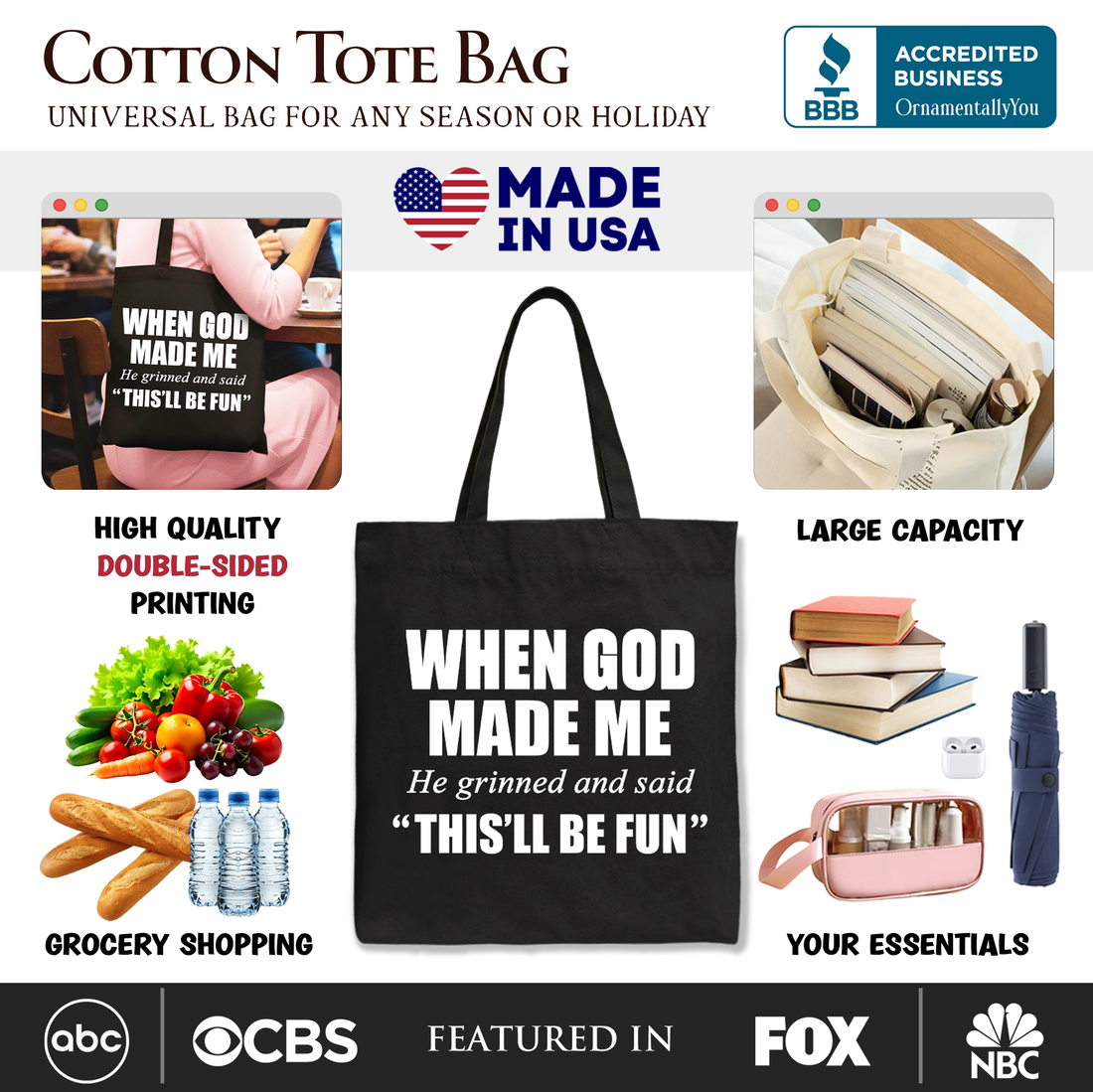 When God Made Me Christian Tote Bag, Minimalist Canvas Shopper