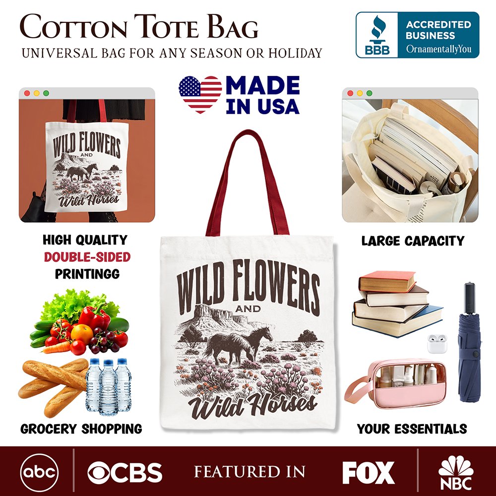 Wild Flowers and Wild Horses Canvas Tote Bag, Western Boho Gift